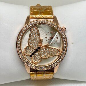 Women’s butterfly dial watch gold tone 44mm rhinestones leather band running